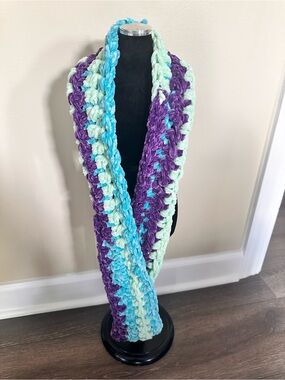 Handmade Plush Crochet Infinity Scarf in Purple, Aqua & Mint